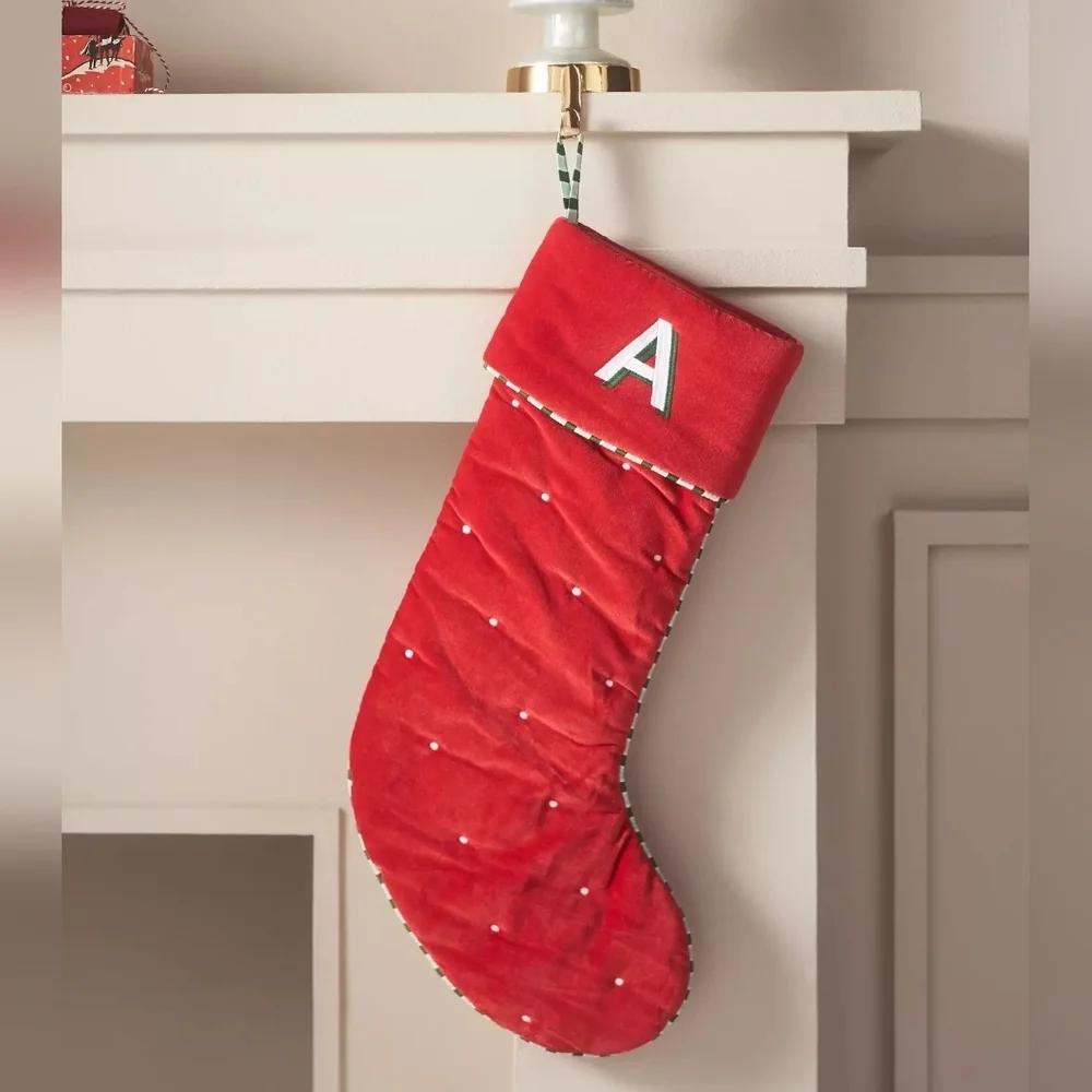Anthropologie Milo Red Velvet Monogram Christmas Stockings, (PICK YOUR LETTER)